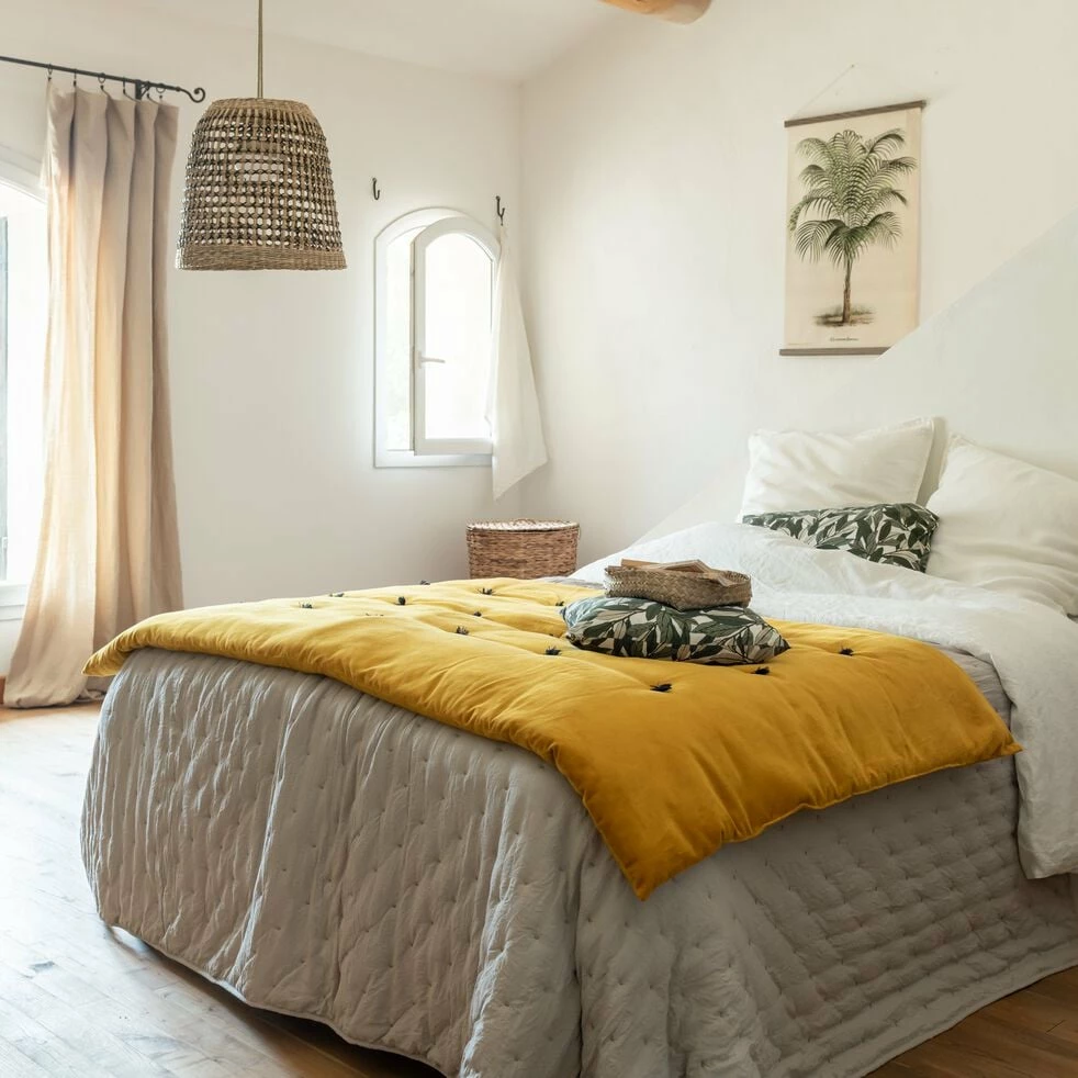 EDEN - Édredon En Velours De Coton Piquage Pompons - Jaune 100x180cm 5 EDEN - Édredon En Velours De Coton Piquage Pompons - Jaune 100x180cm – Image 3