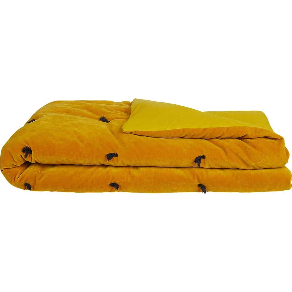 EDEN - Édredon En Velours De Coton Piquage Pompons - Jaune 100x180cm 3 EDEN - Édredon En Velours De Coton Piquage Pompons - Jaune 100x180cm