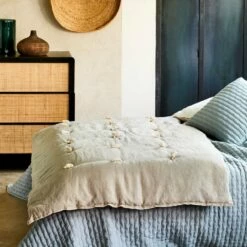 ELINA - Édredon En Lin Et Coton Piquage Pompons - Vert Olivier 100x180cm -Doublures De Lit Soldes 2024 EDREDON ELINA 27276860 A 1