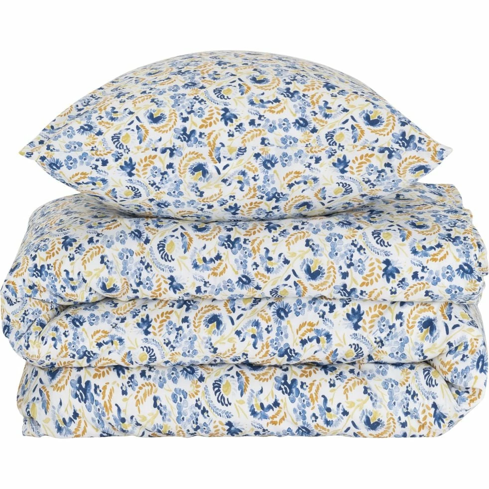 FLORA - Housse De Couette 240x220cm Et 2 Taies D'oreiller 63x63cm En Coton - Bleu Et Jaune 3 FLORA - Housse De Couette 240x220cm Et 2 Taies D'oreiller 63x63cm En Coton - Bleu Et Jaune