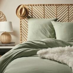 MANTA - Housse De Couette 240x220cm Et 2 Taies D'oreiller 65x65cm En Coton Lavé - Vert Olivier